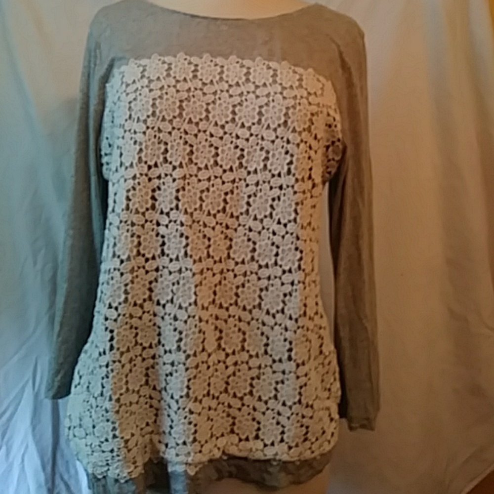 J. Crew gray knit and white lace top-sz L